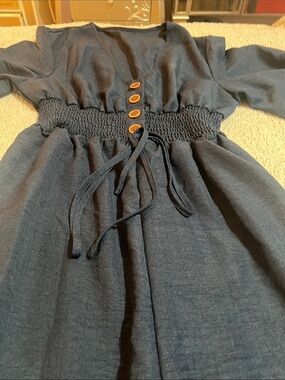 SHEIN Navy Smocked-Waist Jumpsuit with Wooden Buttons